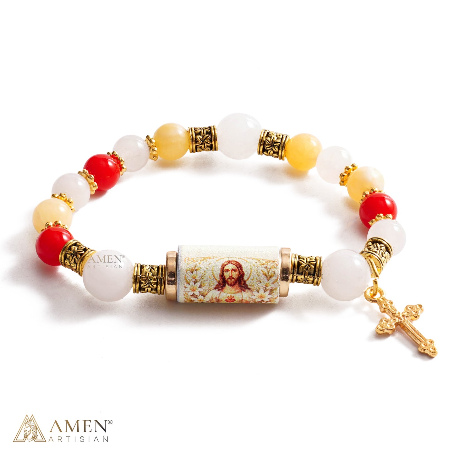 Sacred Heart Jesus Bracelet with Cool-Touch Crystal Beads
