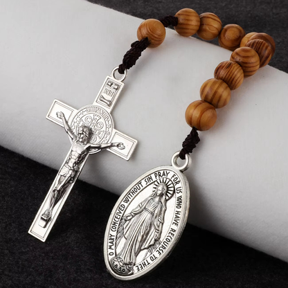 Portable Wooden Decade Rosary with St. Benedict Cross - Blessing & Peace | Amen Artisan