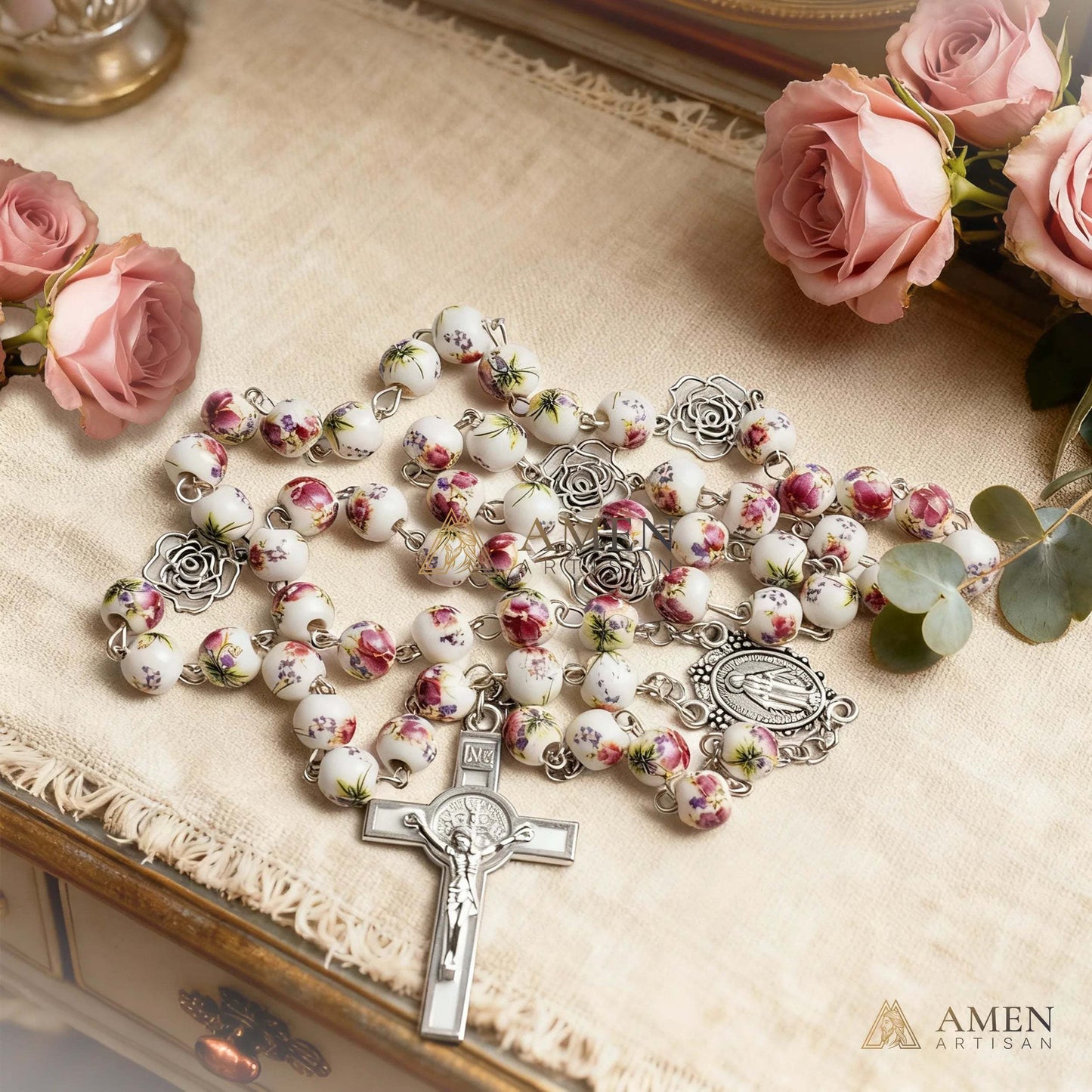 Rose Ceramic Rosary Amen Artisan