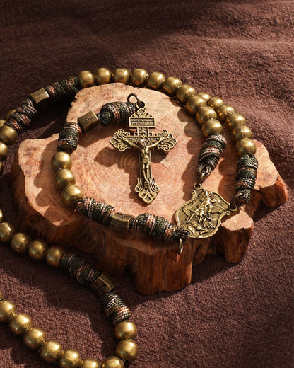 St. Michael Heavyweight Bronze Rosary: 48cm Hand-Braided Tactical Armor | Amen Artisan