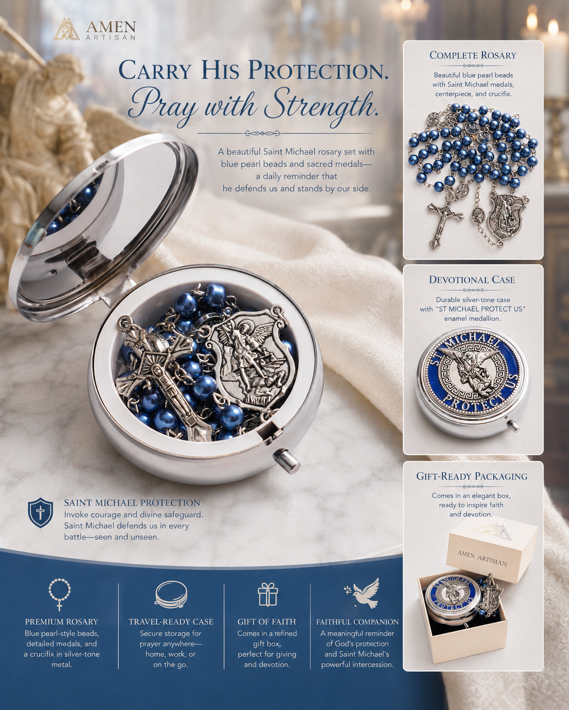 St. Michael Rosary with Blue Enamel Storage Box - Faith & Strength| Amen Artisan
