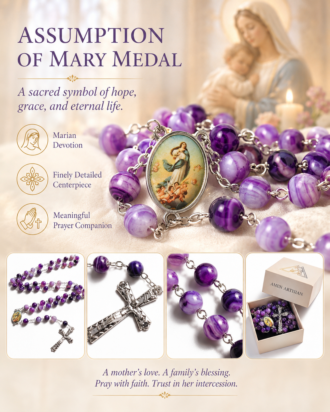 【Deal Today】Amethyst Rosary with Assumption of Mary Medal Amen Artisan