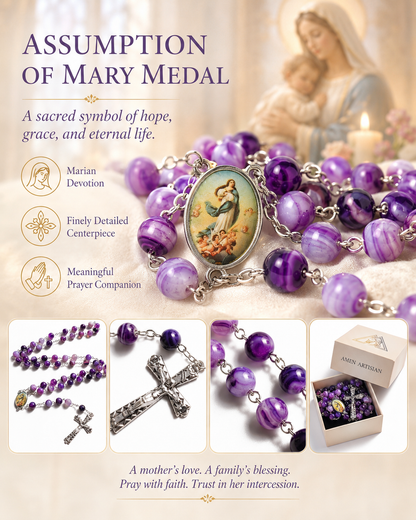 【Deal Today】Amethyst Rosary with Assumption of Mary Medal Amen Artisan