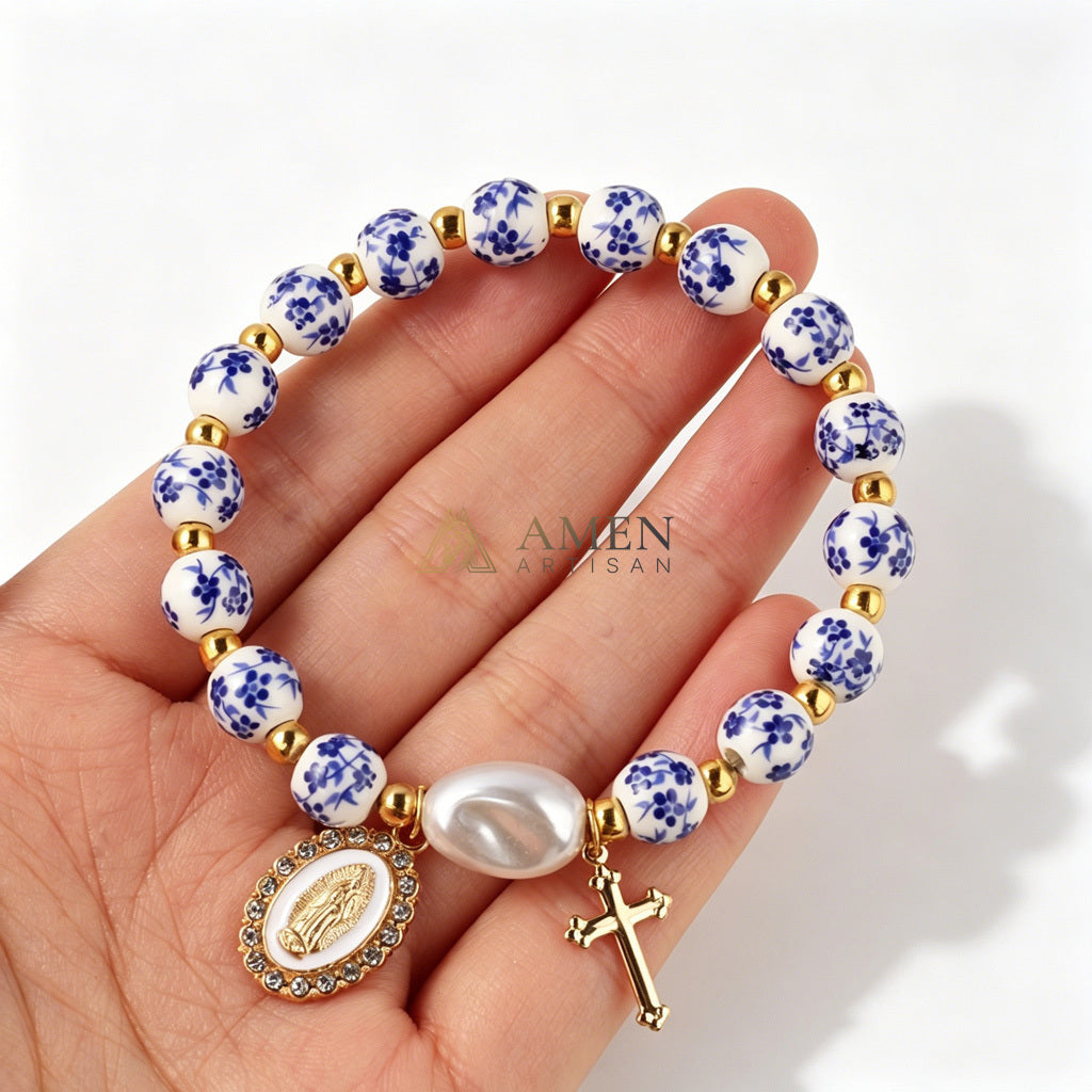 【Deal Today】Blue and White Pottery Beads & Baroque Pearl Elastic Cord Cross Bracelet