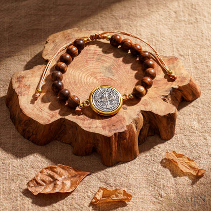 Wooden Beads Saint Benedict Medal Adjustable Bracelet Amen Artisan
