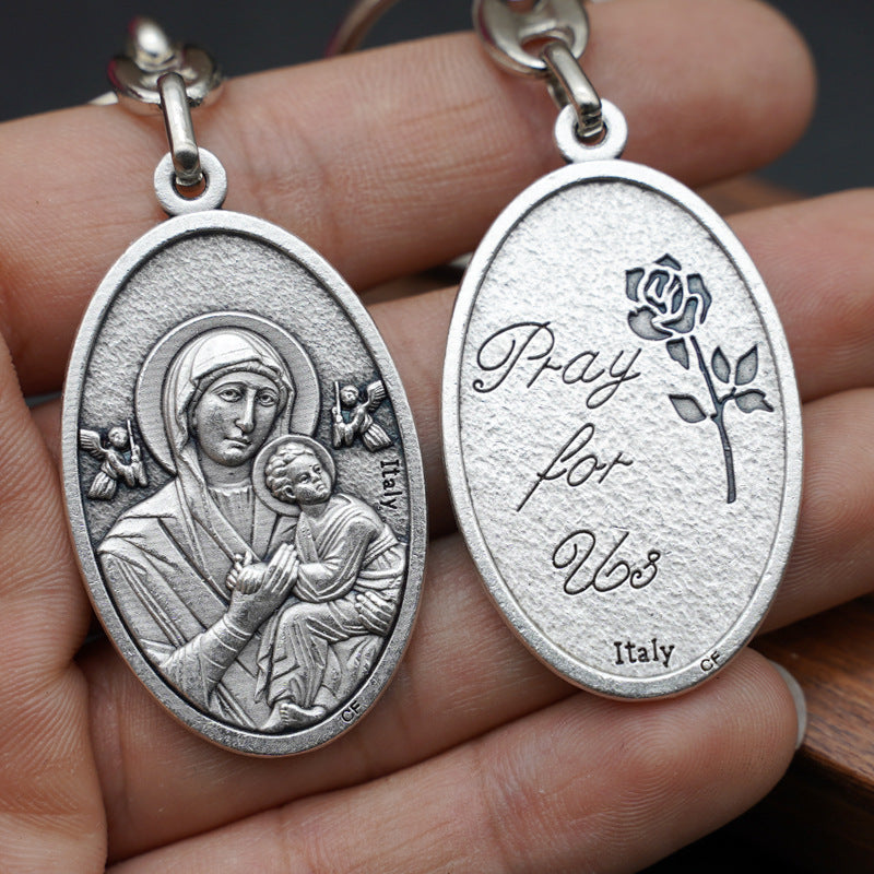 Our Lady of Perpetual Help Keychain—Zinc alloy. Vintage grey Amen Artisan