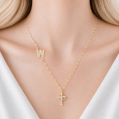 【DEAL TODAY】Sparkling Zircon Cross Necklace with A-Z Initial Charm