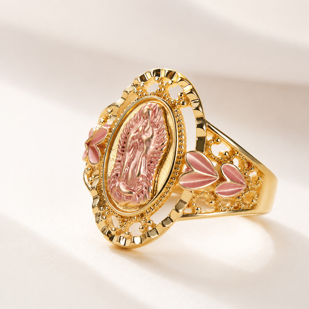 【DEAL TODAY】Our Lady Gold-Tone Ring with Pink Raised Detail