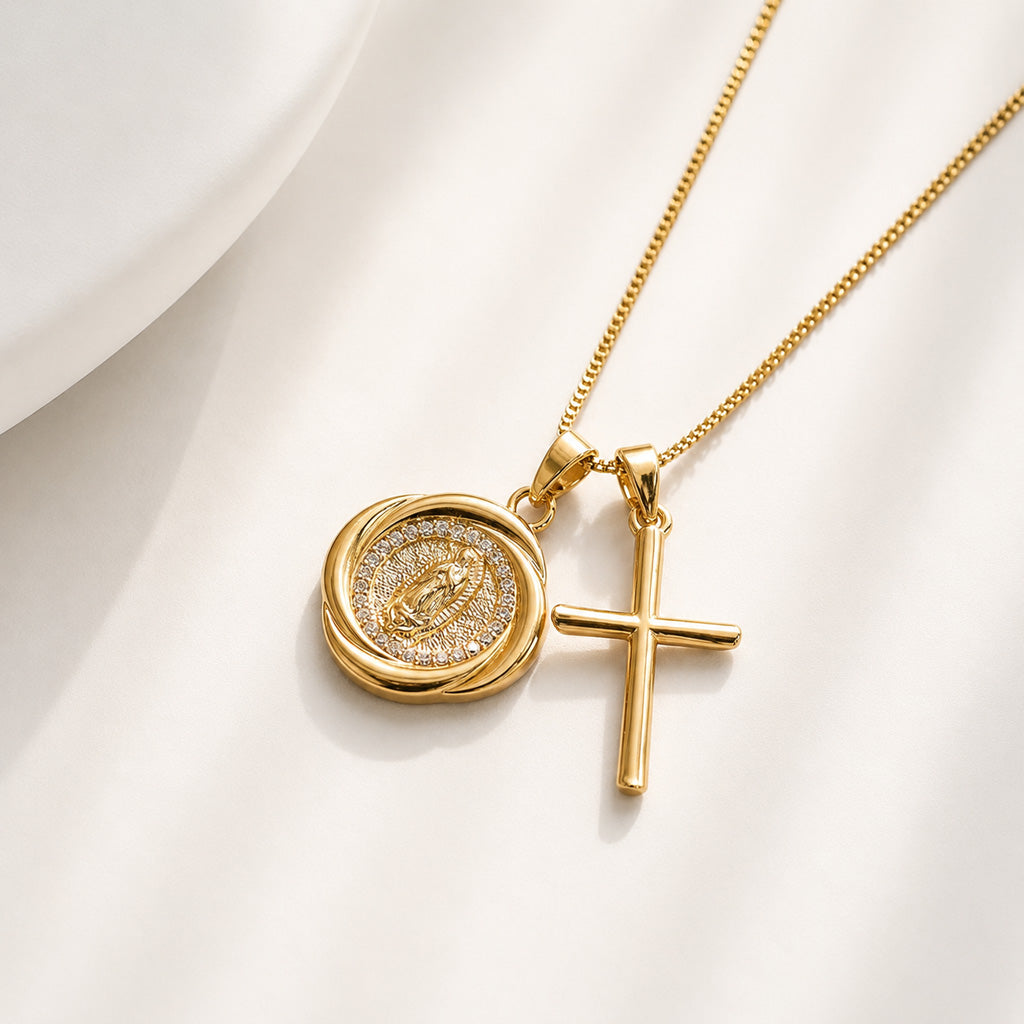 【DEAL TODAY】Our Lady Double Pendant Necklace with Cross Charm