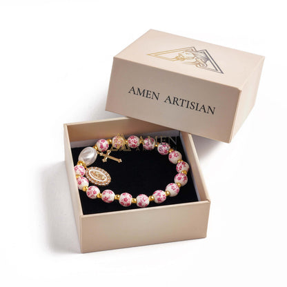 【Deal Today】Blue and White Pottery Beads & Baroque Pearl Elastic Cord Cross Bracelet