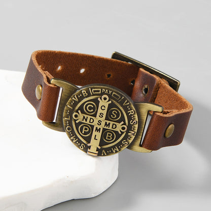 St. Benedict Leather Cuff Bracelet with Large Medal — Protection
