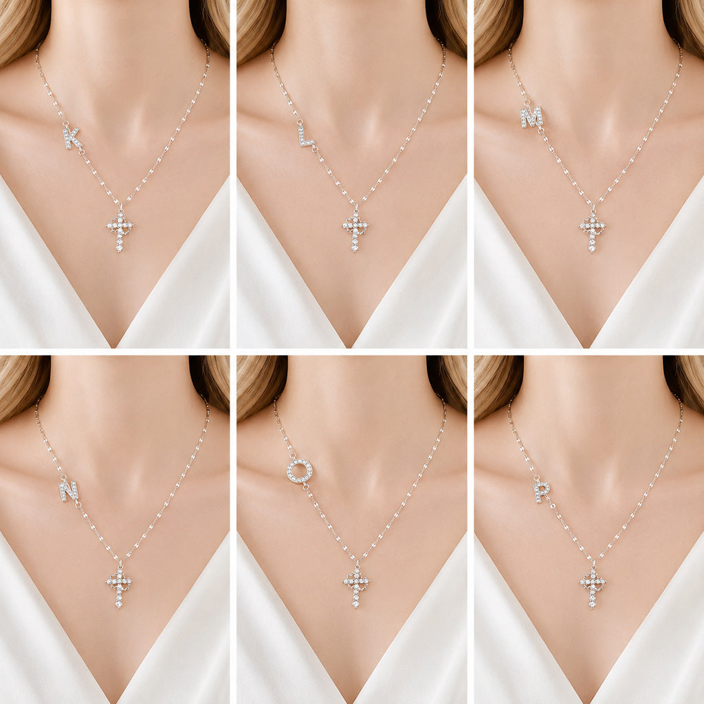【DEAL TODAY】Sparkling Zircon Cross Necklace with A-Z Initial Charm