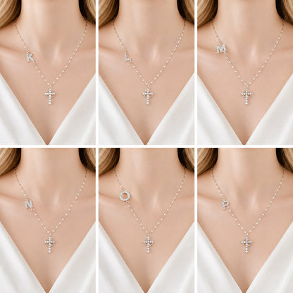 【DEAL TODAY】Sparkling Zircon Cross Necklace with A-Z Initial Charm