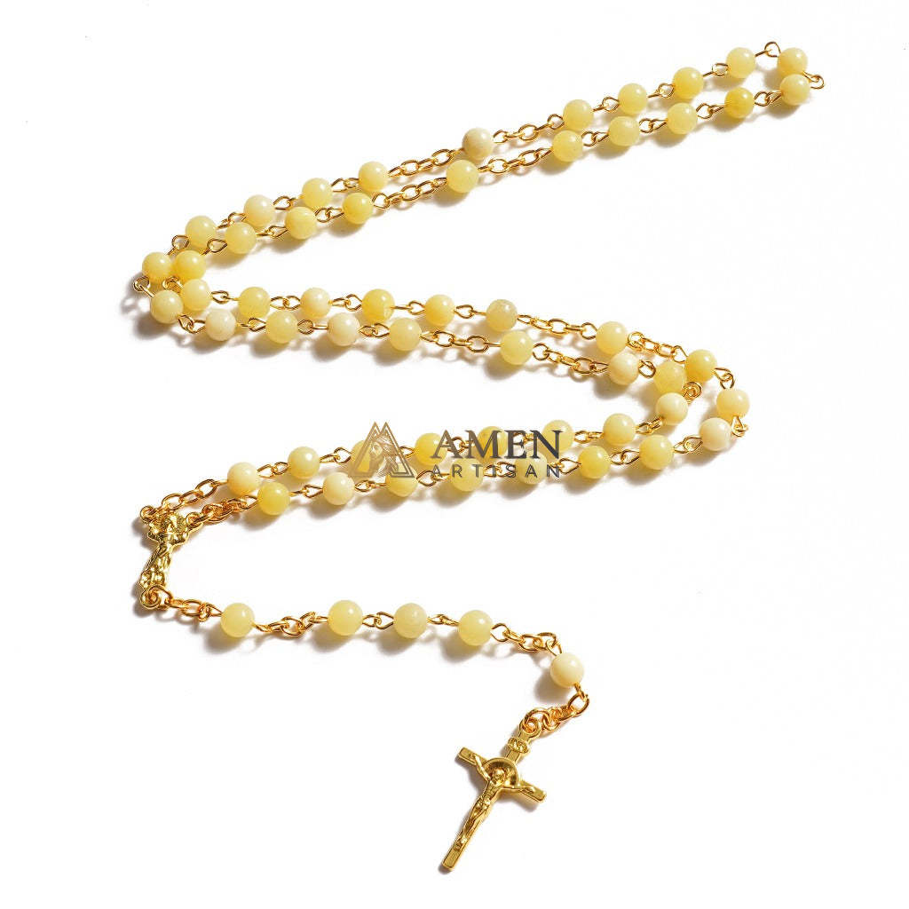 Green Yellow Jade Bead Rosary Amen Artisan