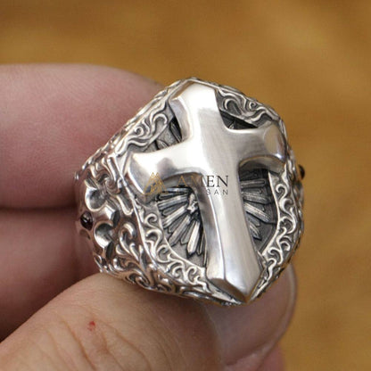 925 Sterling Silver Shield Cross Ring Amen Artisan