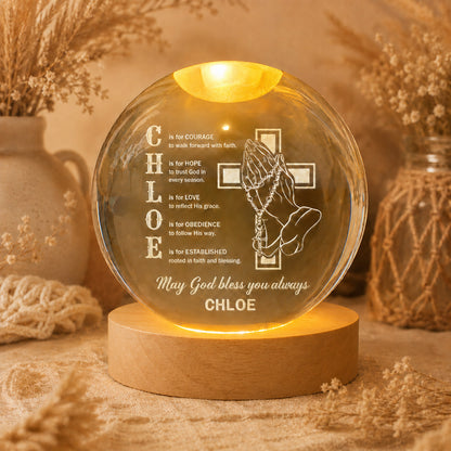 【Deal Today】Personalized Name Faith Blessing Crystal Ball Night Light with Praying Hands & Cross Design — Blessing