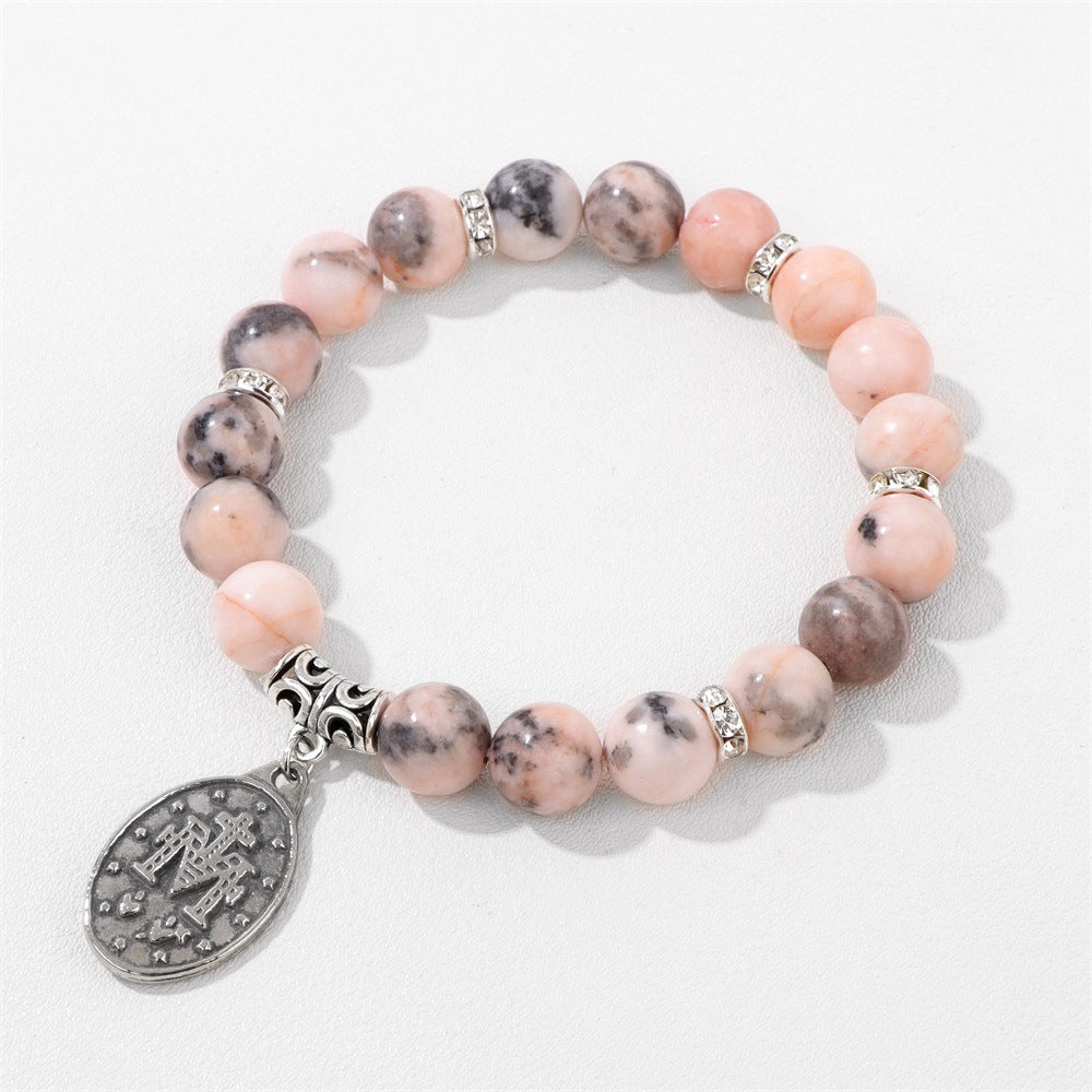Pink and White Zebra Stone Miraculous Medal Stretch Bracelet