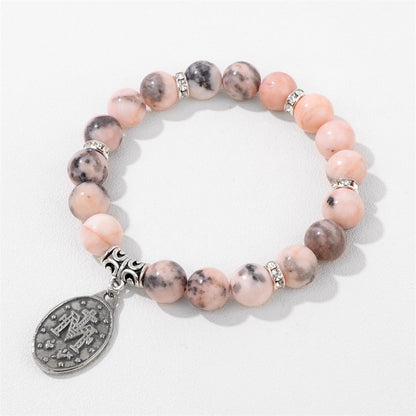 Pink and White Zebra Stone Miraculous Medal Stretch Bracelet