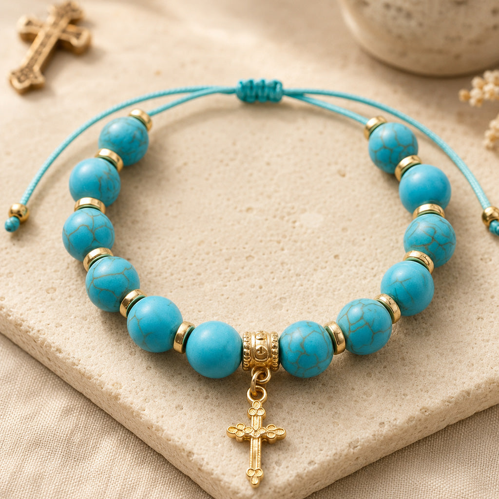 Adjustable Turquoise-Style Beaded Cross Bracelet