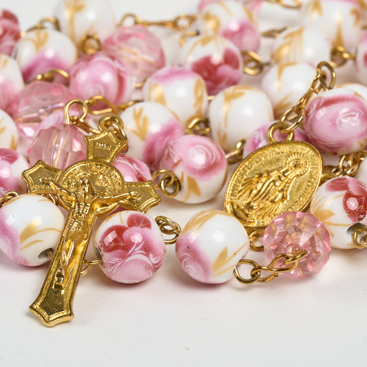 Pink Floral Ceramic Rosary