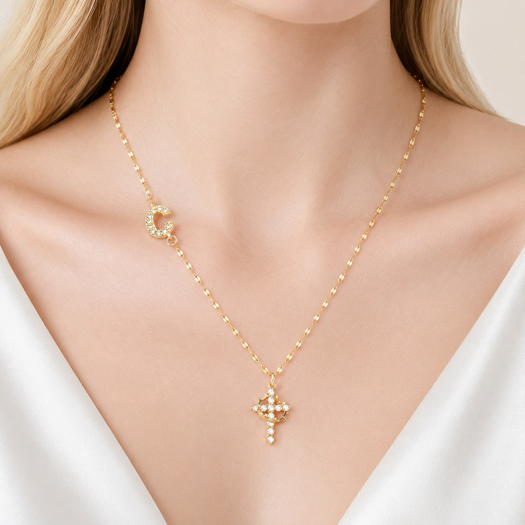 【DEAL TODAY】Sparkling Zircon Cross Necklace with A-Z Initial Charm
