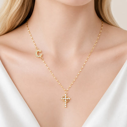 【DEAL TODAY】Sparkling Zircon Cross Necklace with A-Z Initial Charm