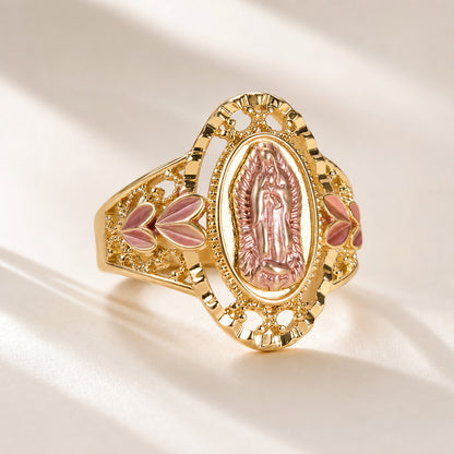 【DEAL TODAY】Our Lady Gold-Tone Ring with Pink Raised Detail