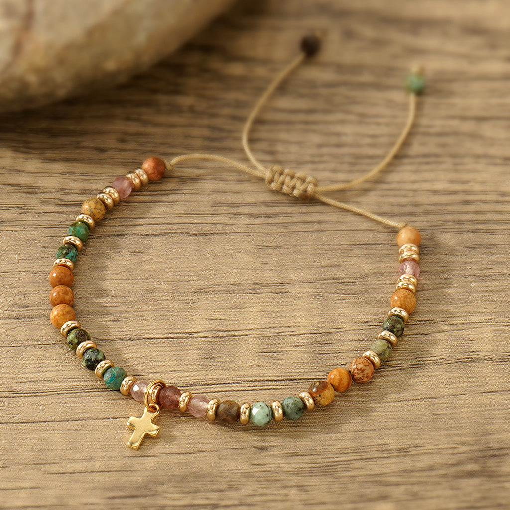 【Deal Today】Boho Natural Stone Cross Bracelet with Adjustable Cord — Faith | Amen Artisan