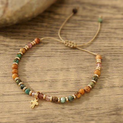 【Deal Today】Boho Natural Stone Cross Bracelet with Adjustable Cord — Faith | Amen Artisan