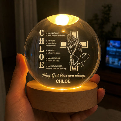 【Deal Today】Personalized Name Faith Blessing Crystal Ball Night Light with Praying Hands & Cross Design — Blessing