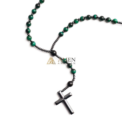 Green Tiger Eye Cross Rosary Amen Artisan