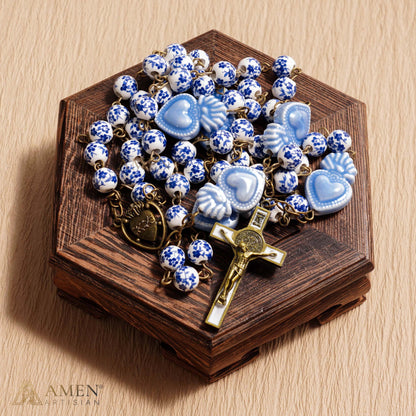 Delft Blue Beads Sacred Heart Rosary - Blue and White Cherry Blossom Beads Vintage Bronze Style Ceramic Rosary -Amen Artisan