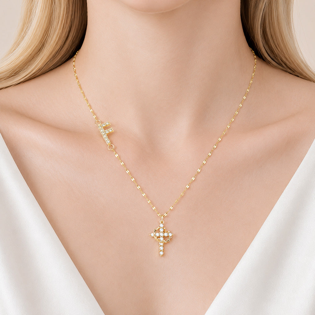 【DEAL TODAY】Sparkling Zircon Cross Necklace with A-Z Initial Charm
