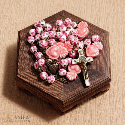 Sakura Pink Beads Sacred Heart Rosary Amen Artisan