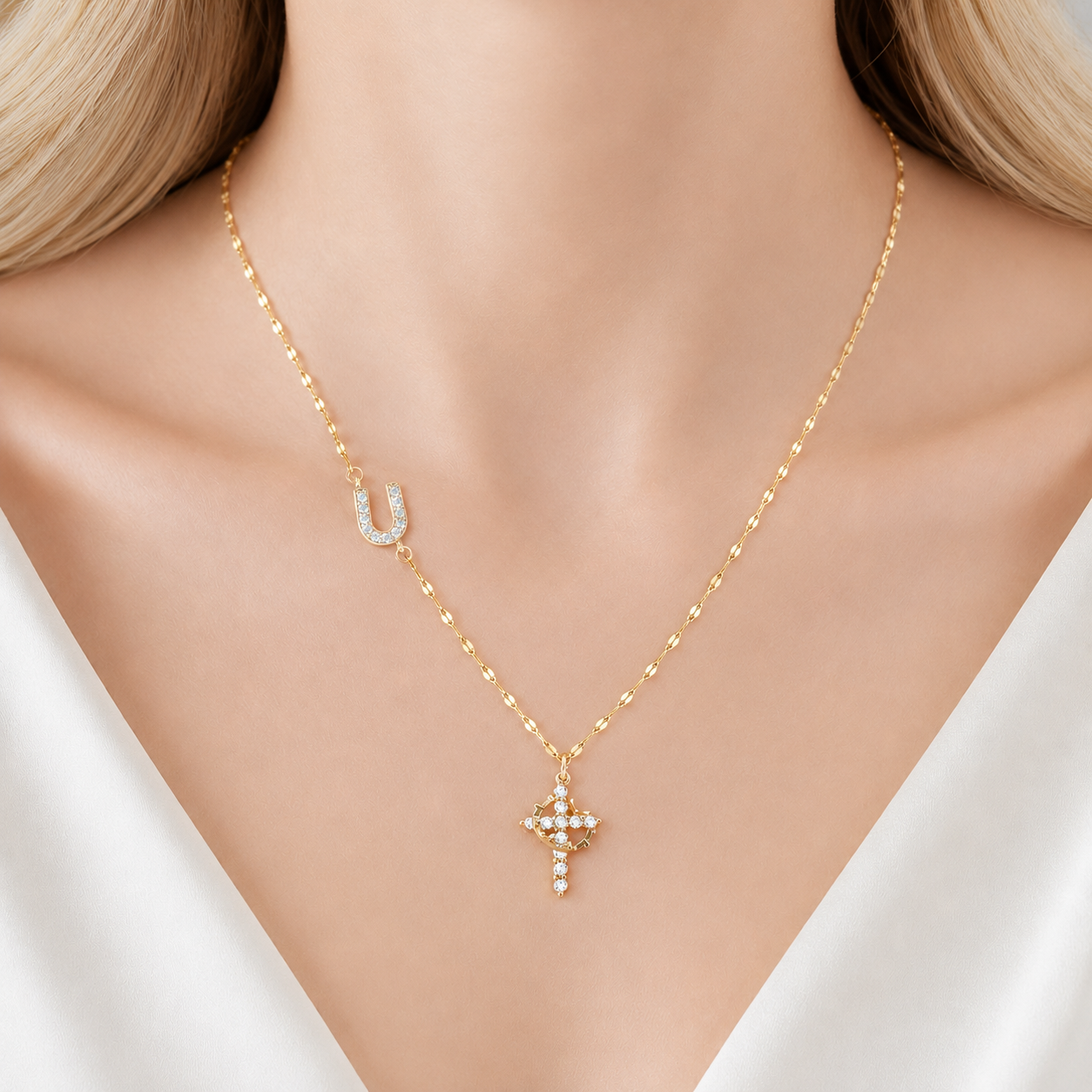 【DEAL TODAY】Sparkling Zircon Cross Necklace with A-Z Initial Charm