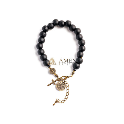 Black Wood Beads Brass Saint Benedict Medal Adjustment Bracelet