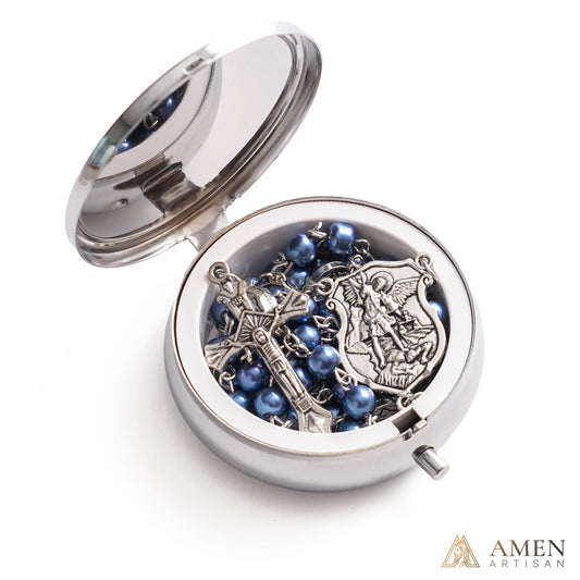 【Deal Today】St. Michael Rosary with Blue Enamel Storage Box - Faith & Strength | Amen Artisan