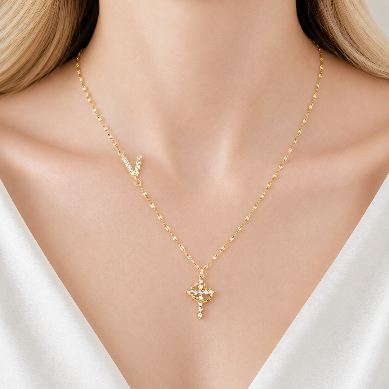 【DEAL TODAY】Sparkling Zircon Cross Necklace with A-Z Initial Charm