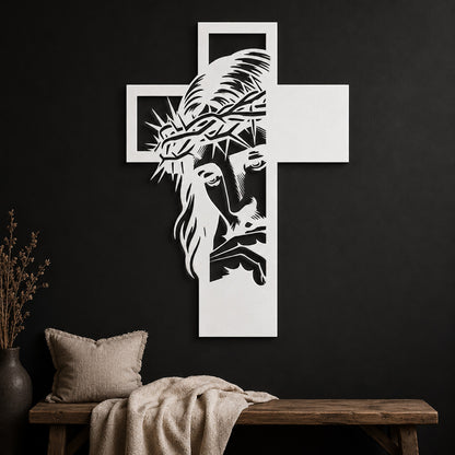 Jesus Portrait Metal Cross Wall Art with Crown of Thorns