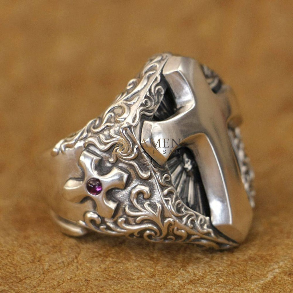 925 Sterling Silver Shield Cross Ring Amen Artisan