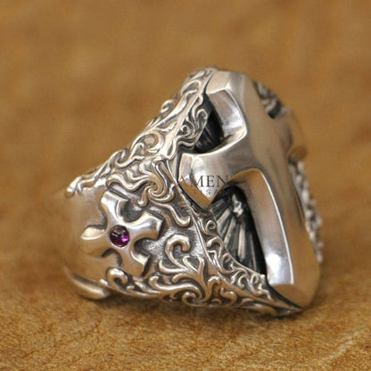 925 Sterling Silver Shield Cross Ring Amen Artisan