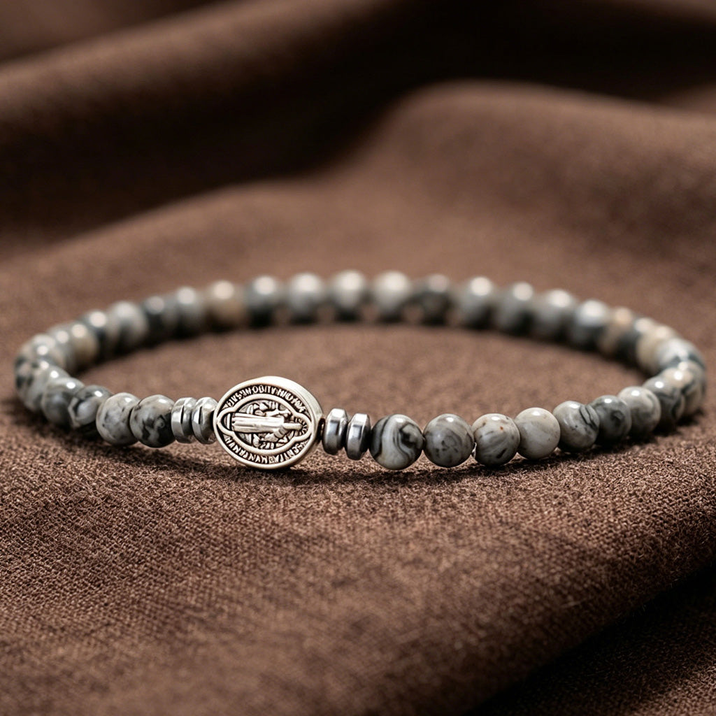 Multicolor Natural Stone St. Benedict Bracelet with Double-Sided Medal