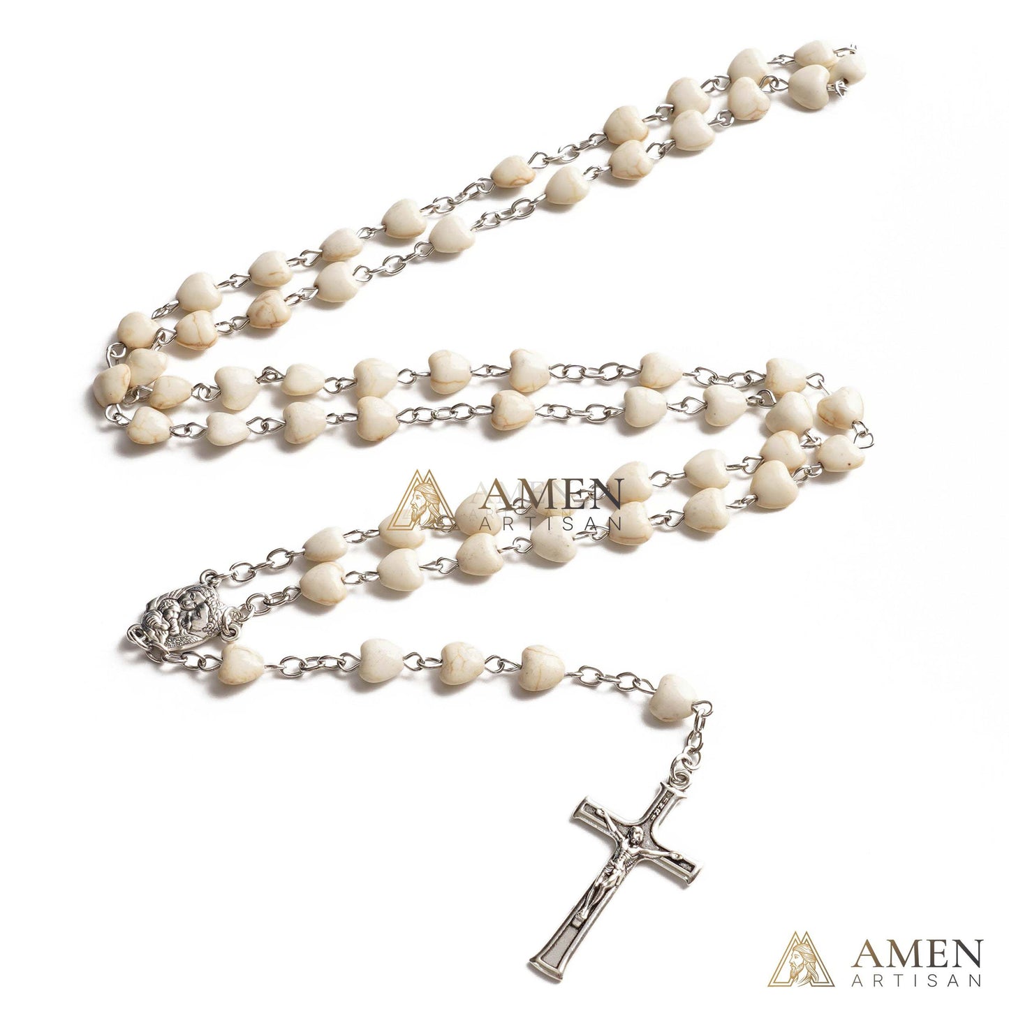 White Turquoise Heart Rosary Amen Artisan