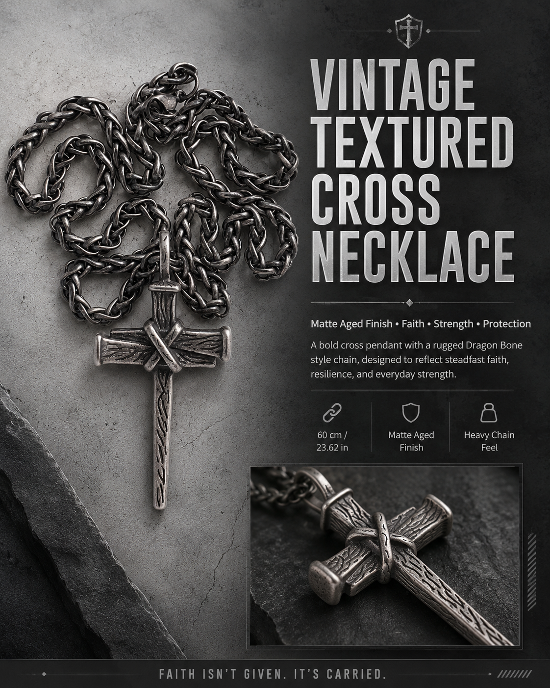 Heavy Dragon Bone Chain Cross Necklace - Resilience, Faith & Sacred Protection |  Amen Artisan
