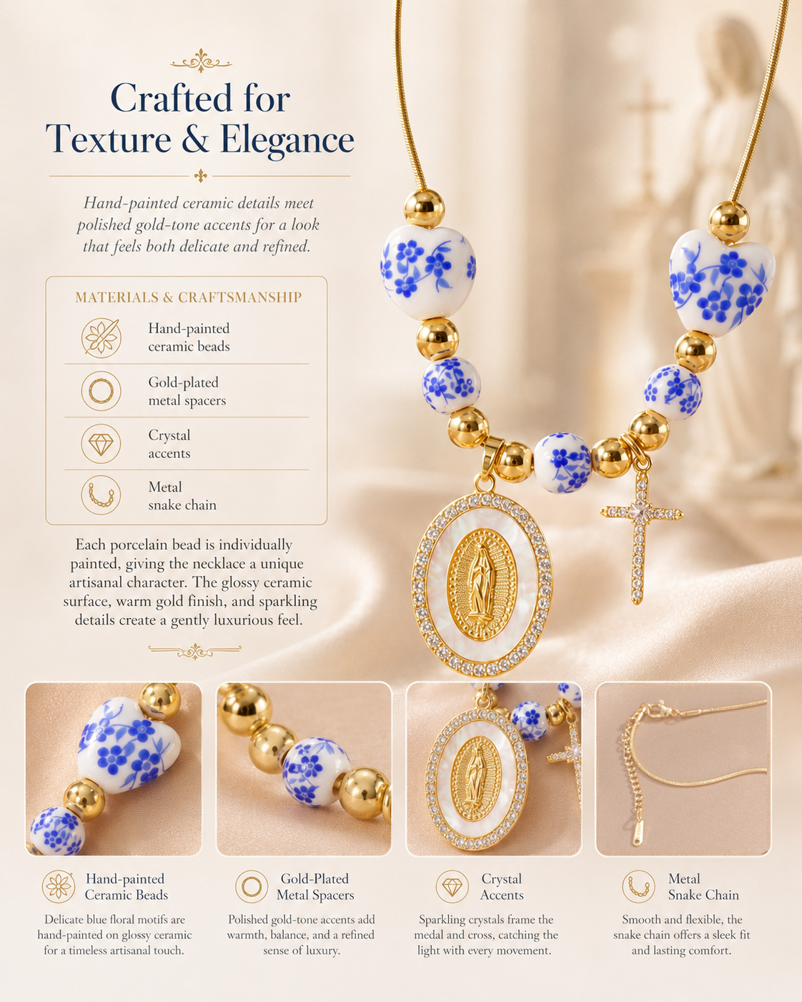 Floral Ceramic and Zircon Virgin Mary Cross Necklace Amen Artisan