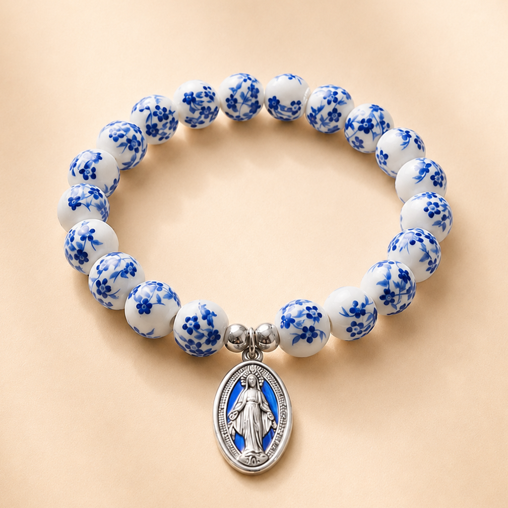 【Deal Today】Blue Floral Ceramic Bead Miraculous Medal Stretch Bracelet | Amen Artisan