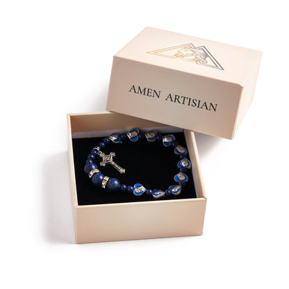 Lapis Lazuli Zircon Enamel Divine Mary of the Heart Blue Beads Crucifix Stretch Bracelet Amen Artisan