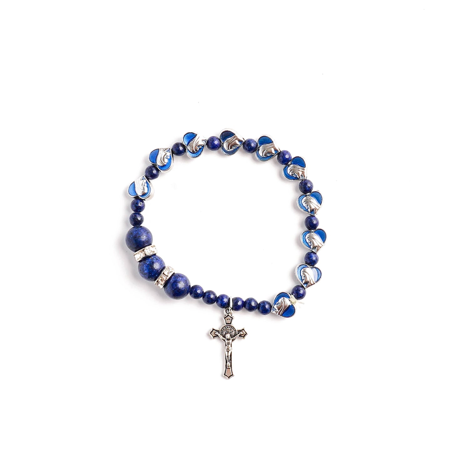 Lapis Lazuli Zircon Enamel Divine Mary of the Heart Blue Beads Crucifix Stretch Bracelet Amen Artisan