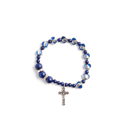 Lapis Lazuli Zircon Enamel Divine Mary of the Heart Blue Beads Crucifix Stretch Bracelet Amen Artisan