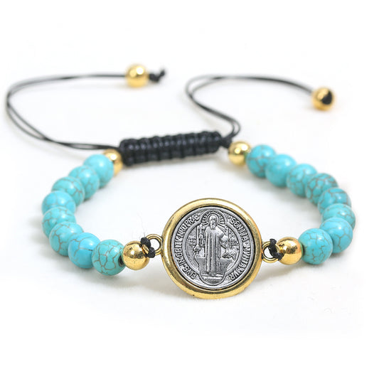 Turquoise Beads Saint Benedict Medal Adjustable Bracelet Amen Artisan